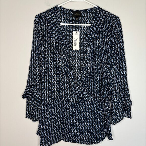 WORTHINGTON NEW Wrap Blouse XL 3/4 Sleeve V-Neck Black Blue White Ruffle XL - Picture 3 of 6